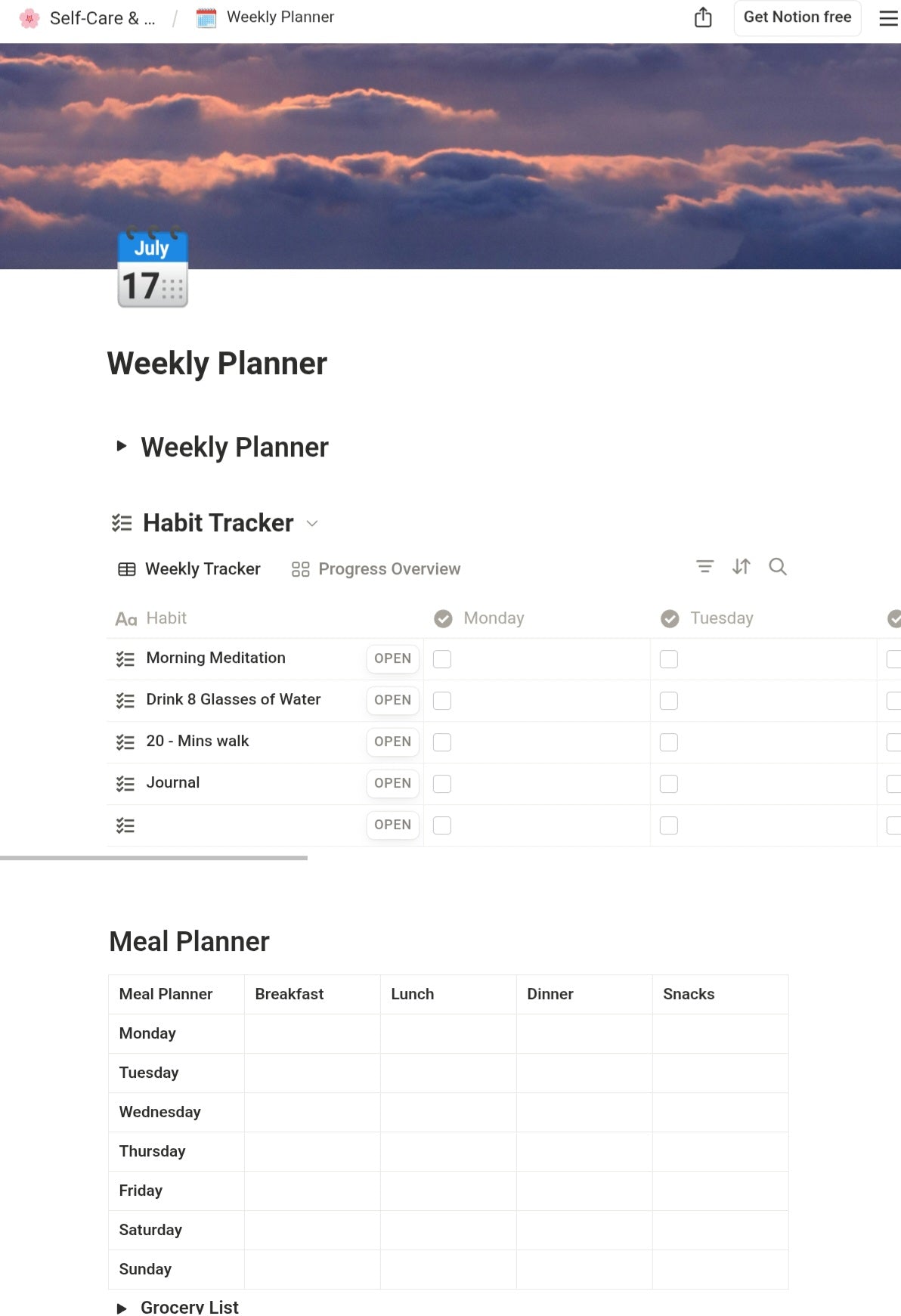 Self-Care & Wellness Notion Template - Daily, Weekly Planner, and Personal Growth Tracker